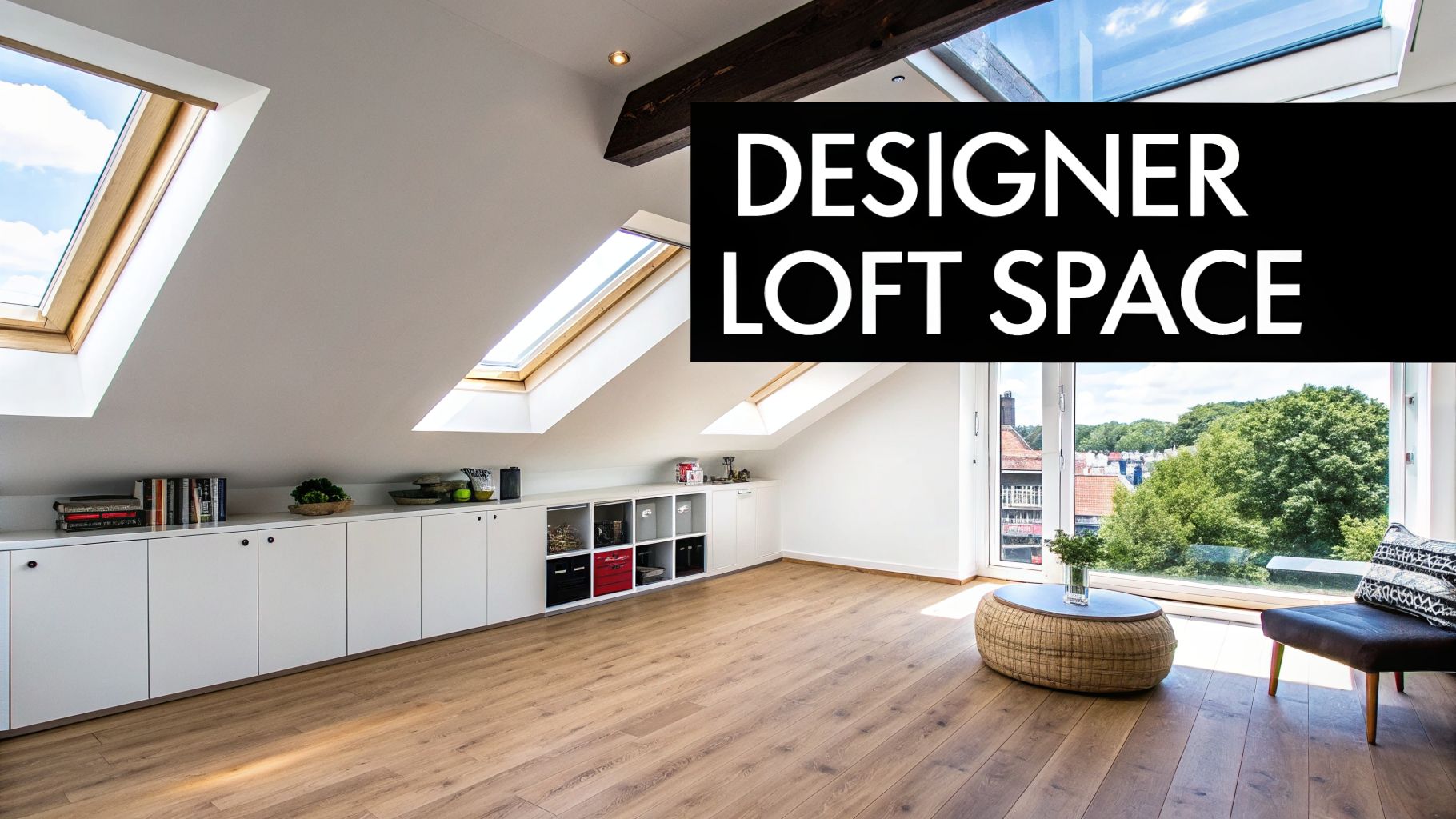 Modern designer loft conversion featuring bright skylights, light wood flooring, built-in storage, and a scenic window.