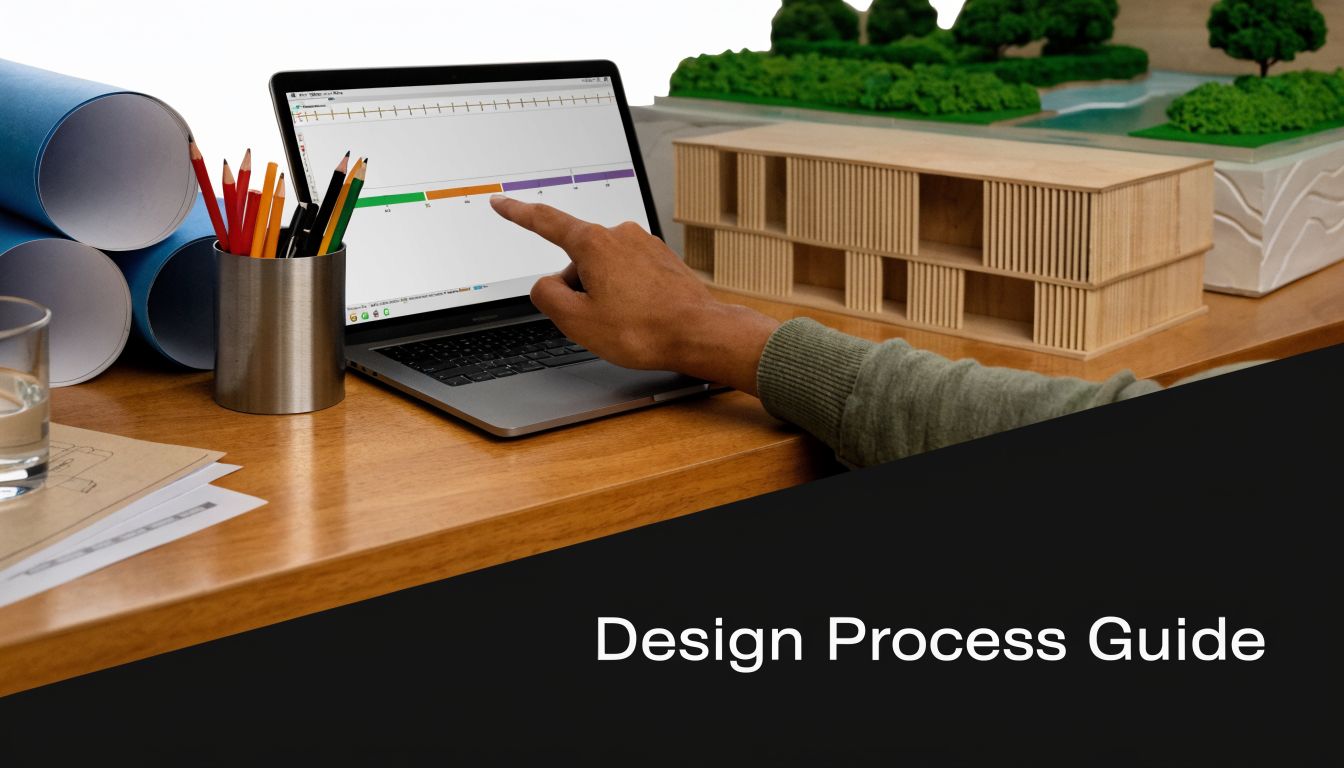 A professional architect pointing at a project timeline displayed on a laptop screen near a scale model.