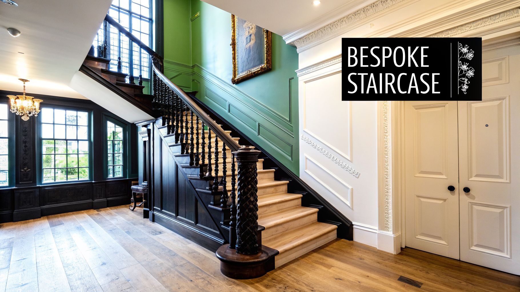 A grand bespoke wooden staircase with light steps and dark balustrades in a renovated home entrance hall.