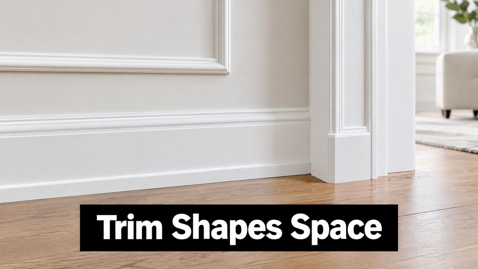 A close up view of white baseboard molding and door casing installed on a wooden floor.