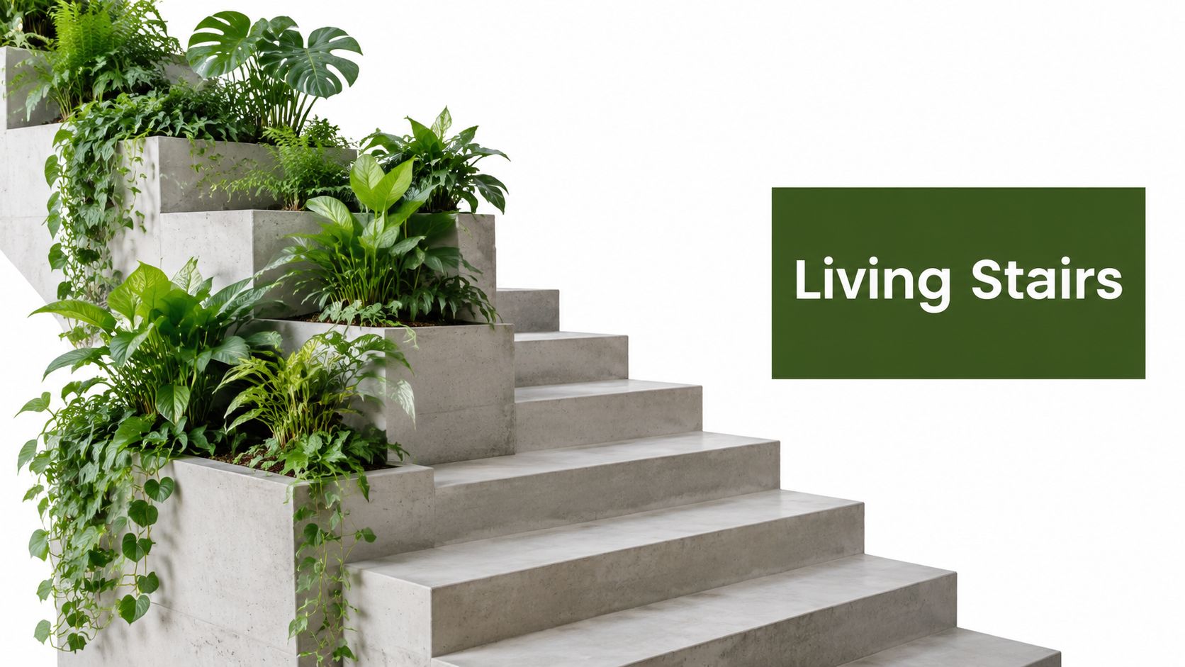 A modern staircase featuring built-in concrete planters filled with lush green indoor plants on a white background.