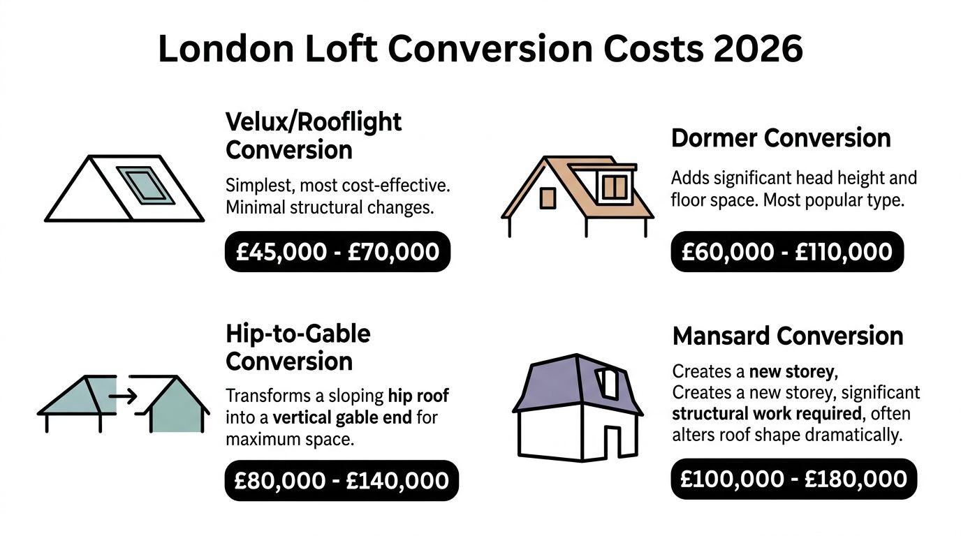 A chart detailing the estimated costs for various types of loft conversions in London for 2026.