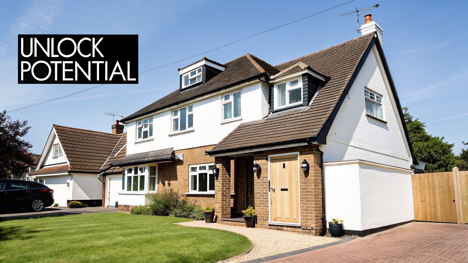 A beautiful semi-detached house with dormer windows under a clear sky, showcasing potential for loft conversions.