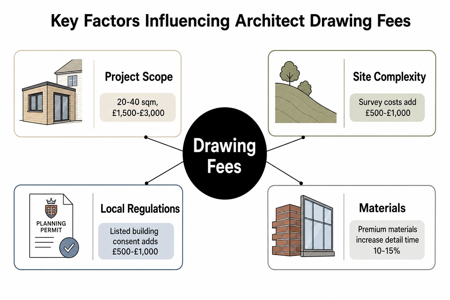An infographic showing four key factors that influence architect drawing fees for building projects.