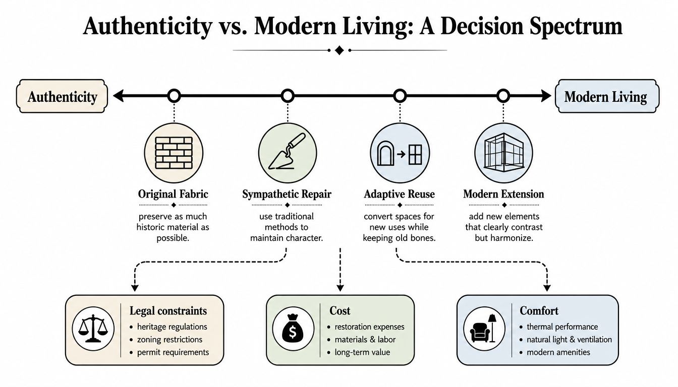 A decision spectrum diagram illustrating the balance between preserving authenticity and incorporating modern living in building renovations.