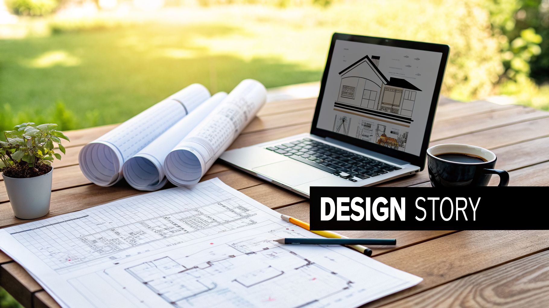 Architectural blueprints, laptop with house design, coffee, and pencils on a wooden table outdoors.