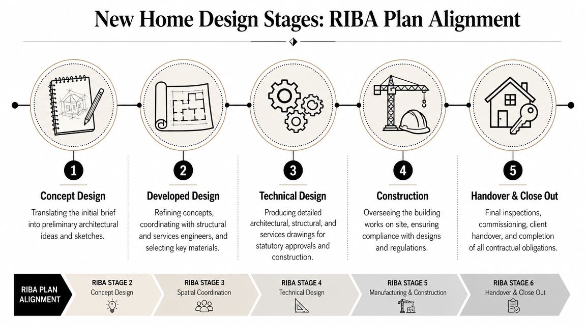 A diagram illustrating the five key stages of new home design aligned with RIBA professional standards.