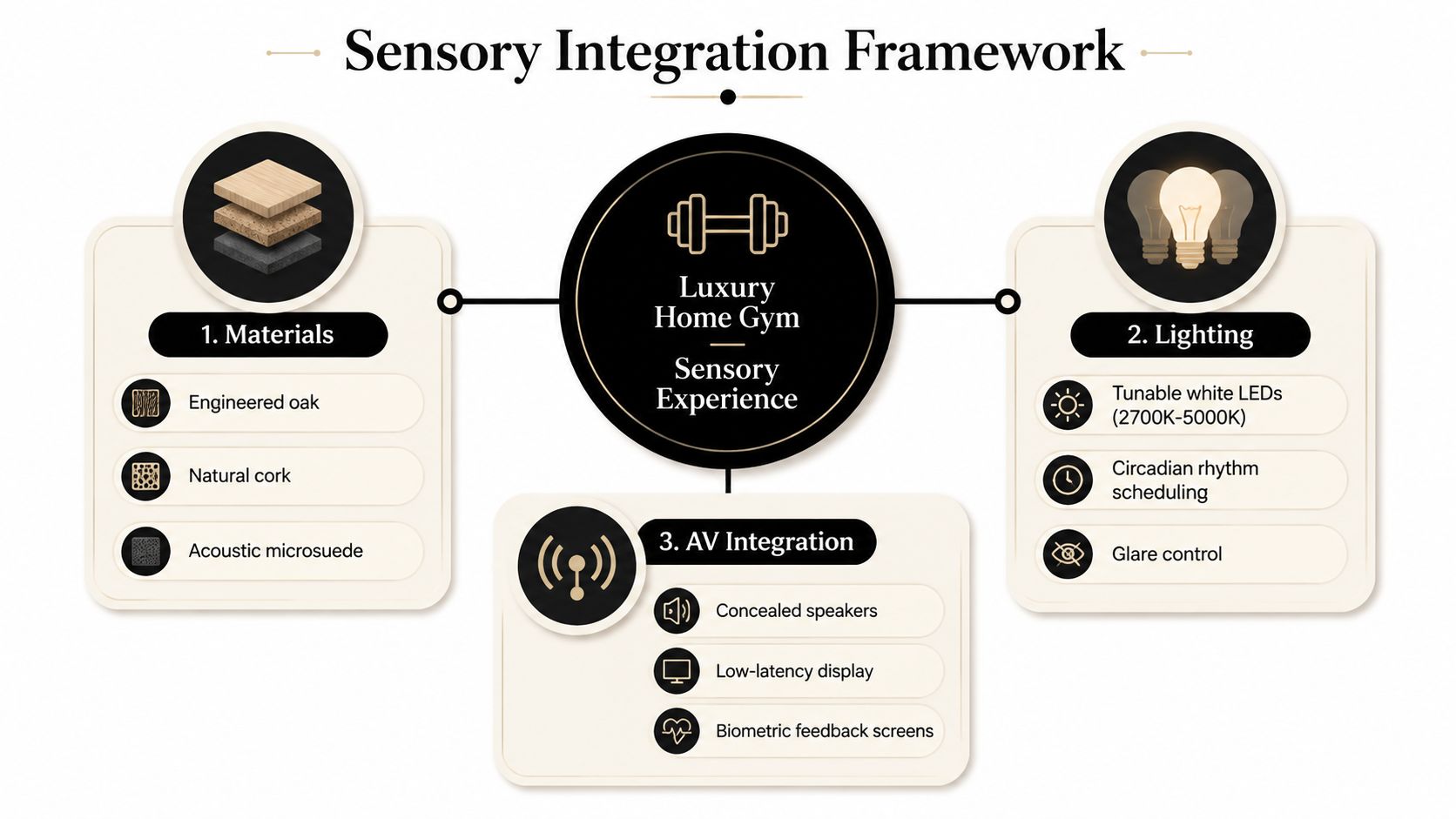 A diagram illustrating a Sensory Integration Framework for a luxury home gym, covering materials, lighting, and AV integration.