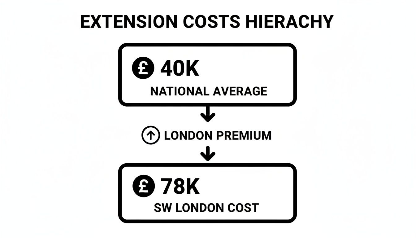 Hierarchy diagram illustrating extension costs: £40K national average, £78K SW London cost due to London premium.