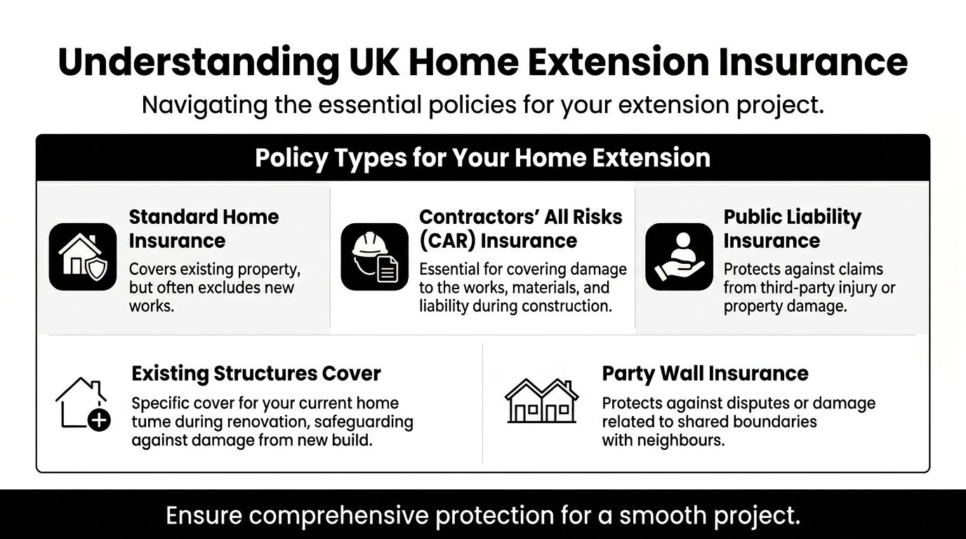 An infographic titled Understanding UK Home Extension Insurance, detailing five types of essential insurance policies for homeowners.