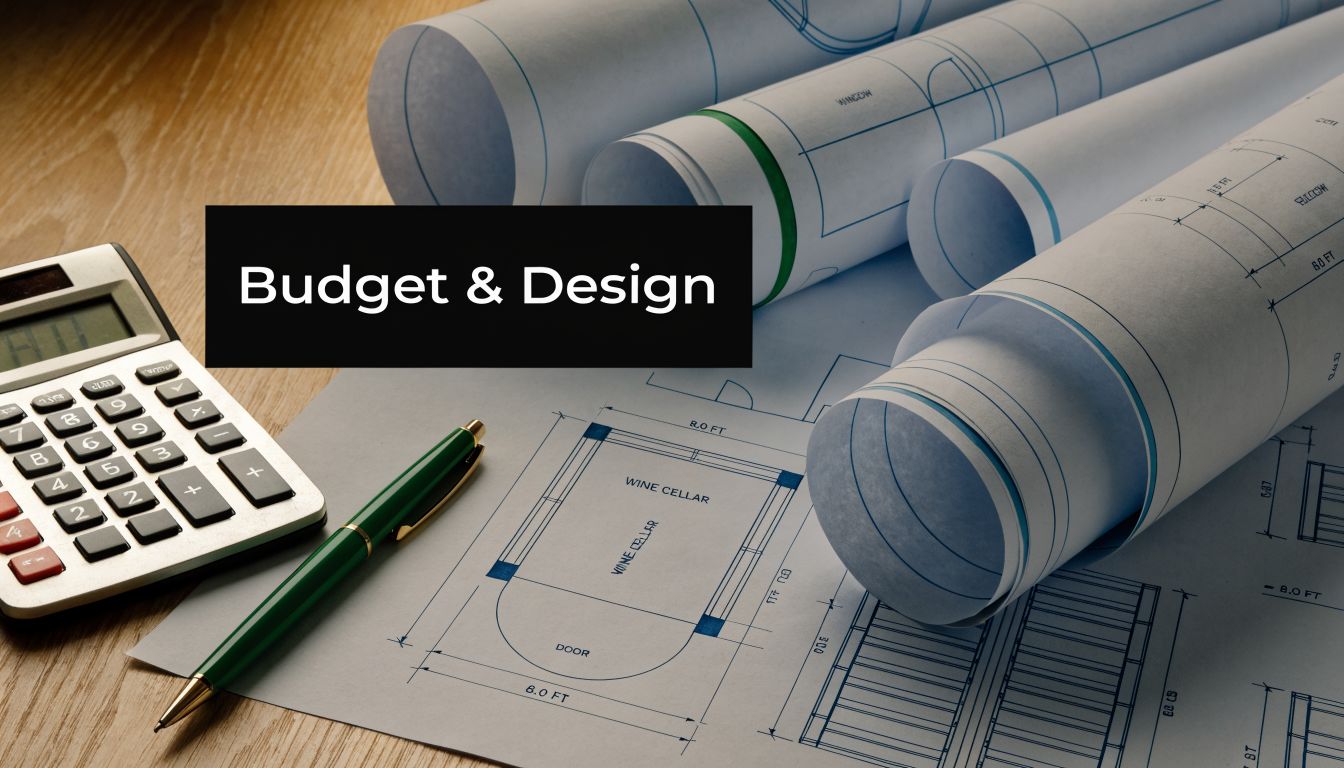 Architectural floor plans for a wine cellar with a calculator and green pen on a desk.