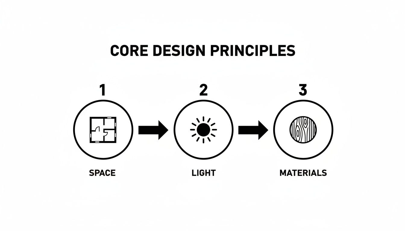 Diagram illustrating core design principles: Space represented by a floor plan, Light by a sun, and Materials by wood grain.