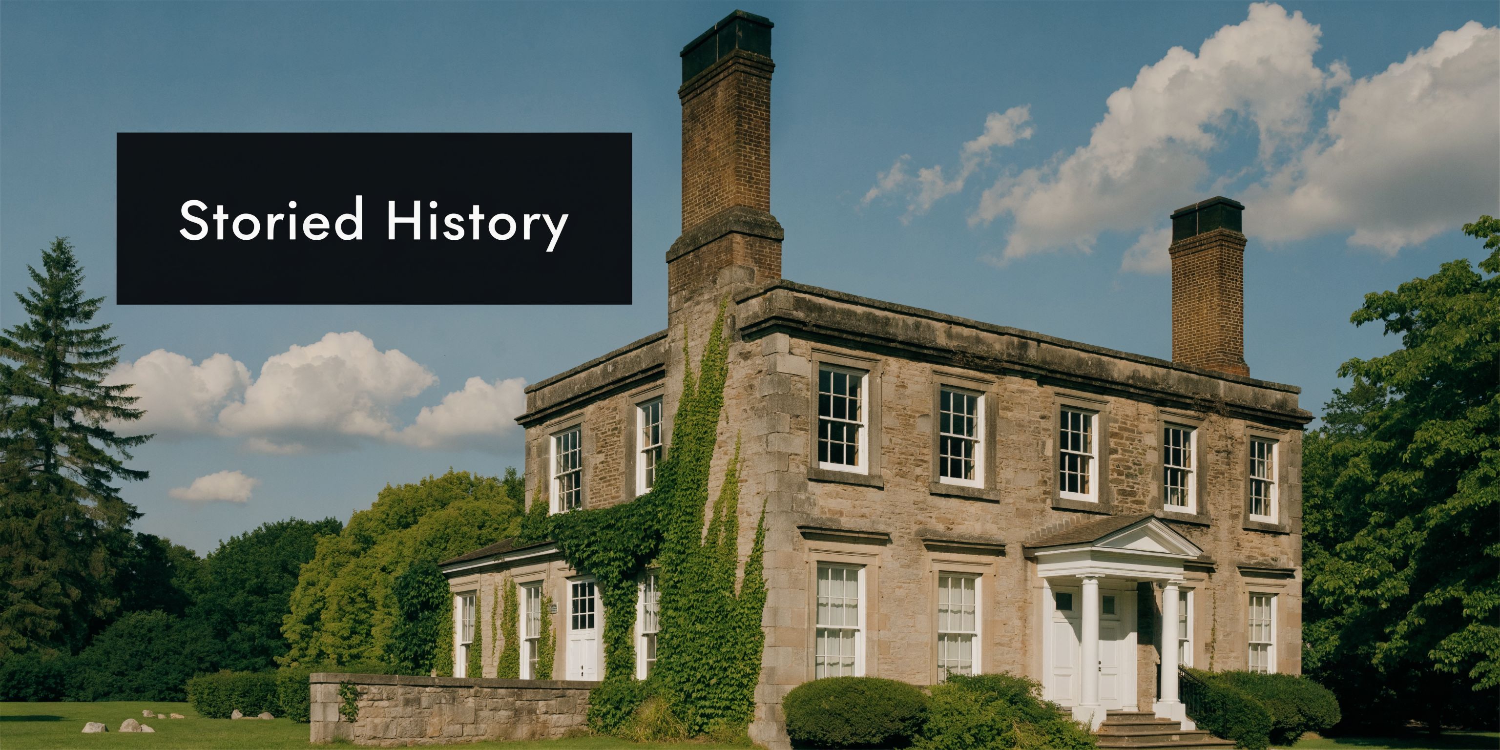 A historic stone manor house with ivy climbing the walls, surrounded by green trees under a blue sky.