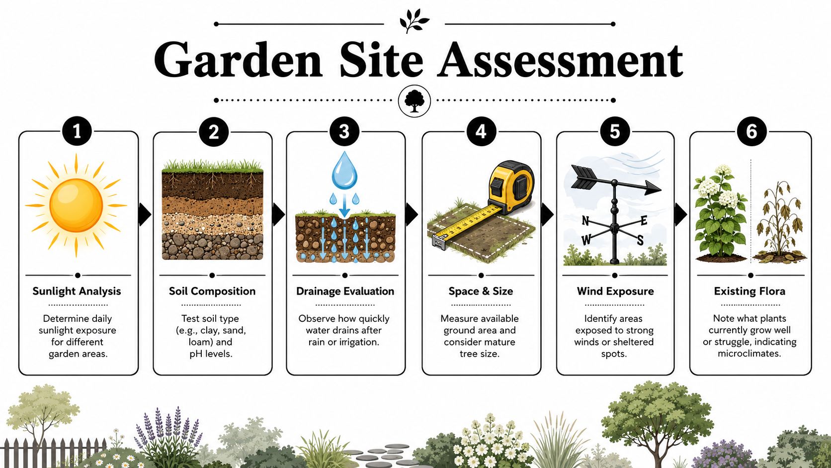 An infographic illustrating six essential steps for conducting a comprehensive garden site assessment for planting.