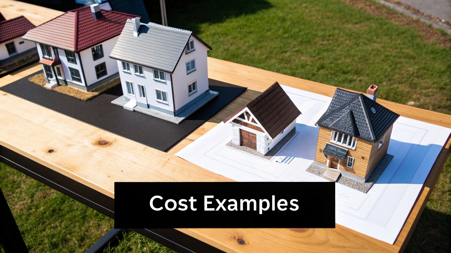 Several miniature house models and blueprints displayed on a wooden table outdoors, with a 'Cost Examples' sign.