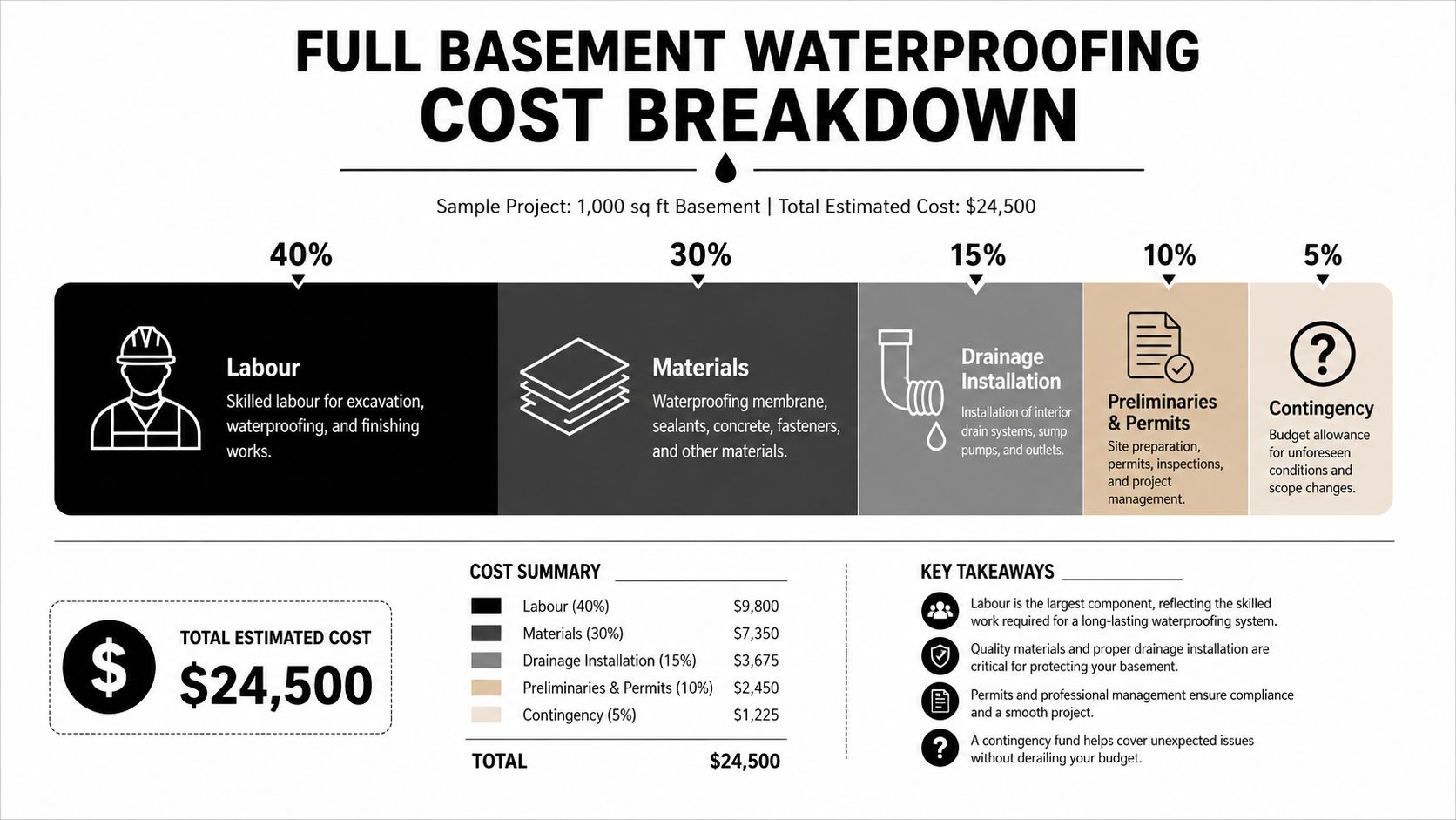 A detailed infographic showing the cost breakdown for a 1,000 square foot full basement waterproofing project.