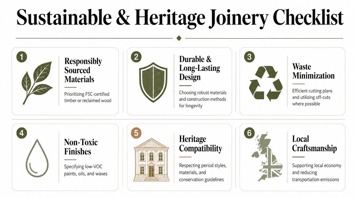 A checklist infographic outlining sustainable practices for heritage joinery, including material sourcing, design longevity, and local craftsmanship.