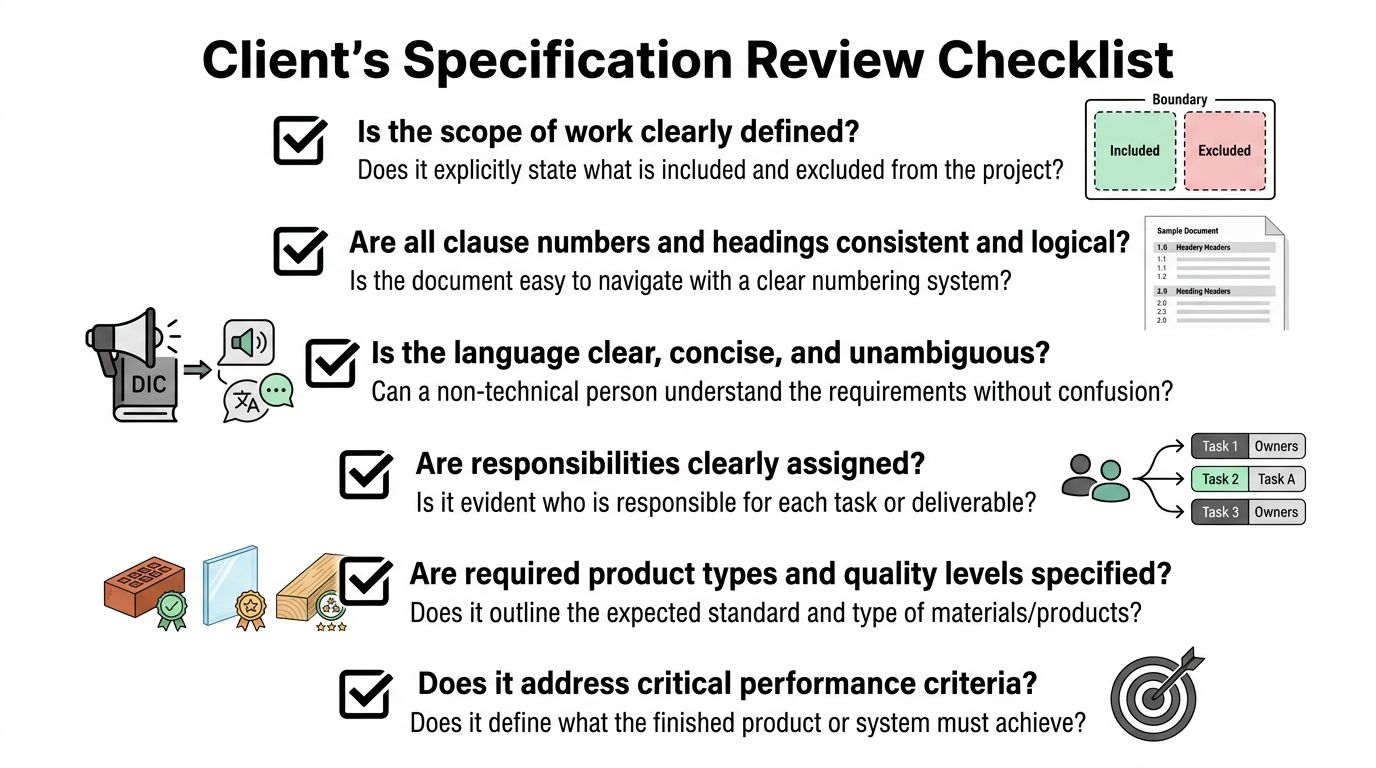 A checklist infographic illustrating key criteria for reviewing project specifications to ensure clarity, responsibility, and quality.