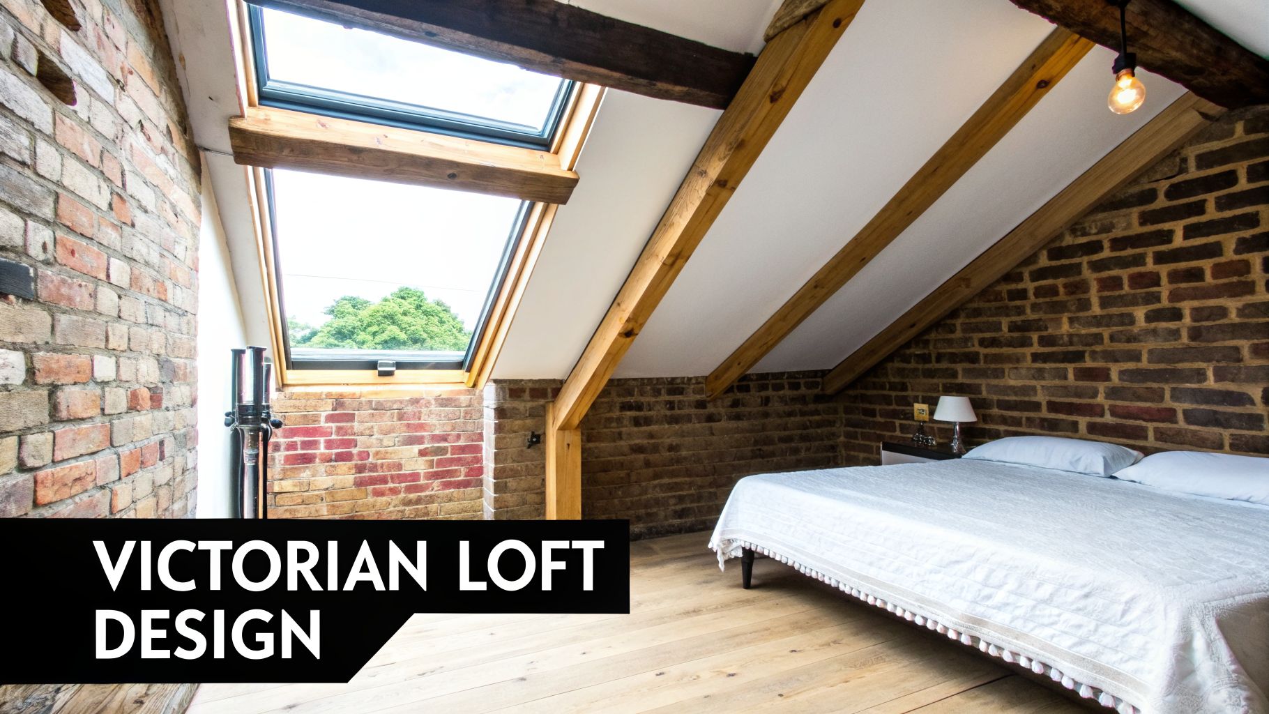 Bright Victorian loft bedroom featuring exposed brick walls, wooden beams, a white bed, and large skylight windows.