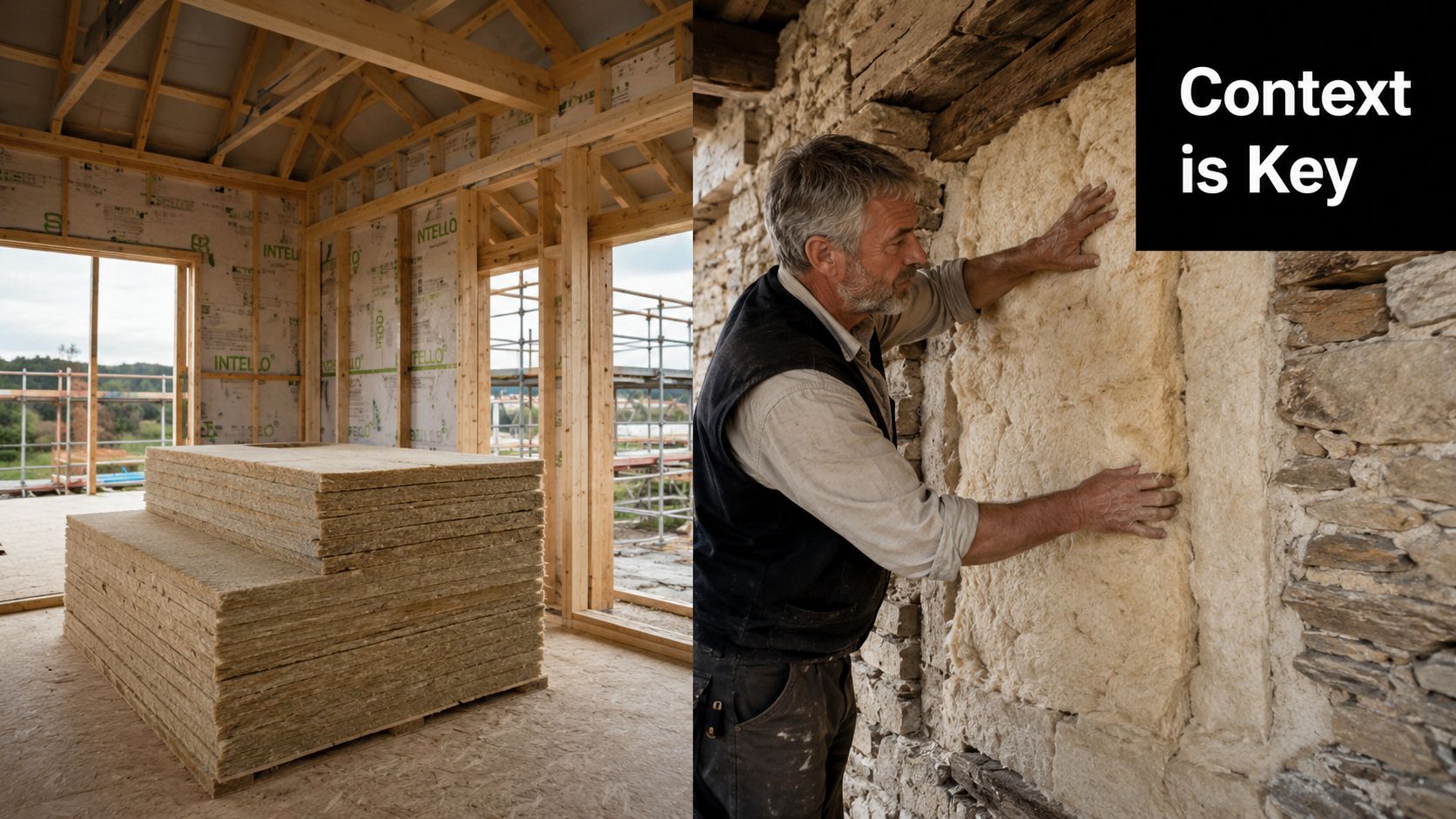 A construction site showing stacked insulation batts alongside a worker installing mineral wool insulation in a wall.