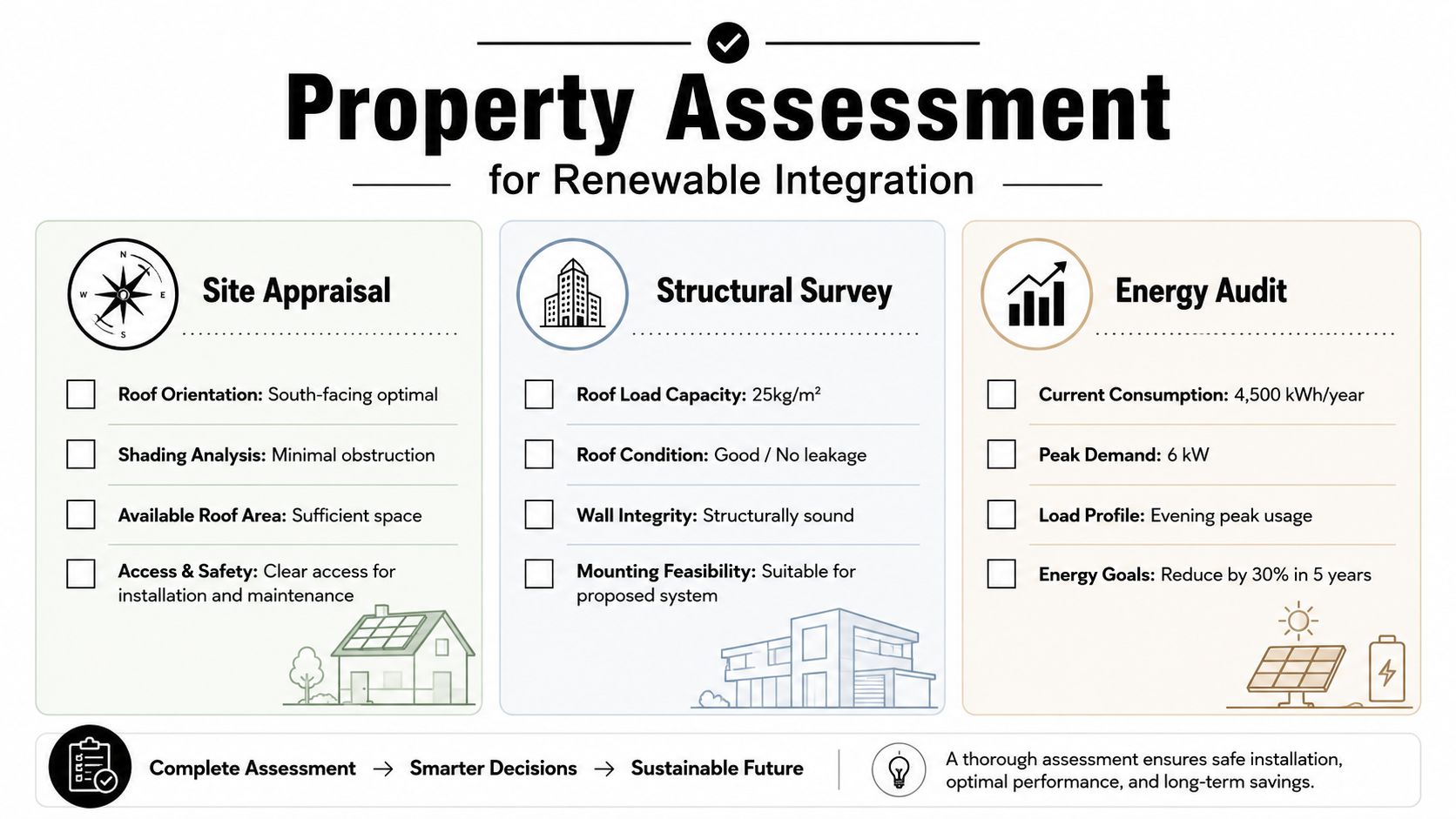 A property assessment infographic for renewable energy integration showing site appraisal, structural survey, and energy audit sections.