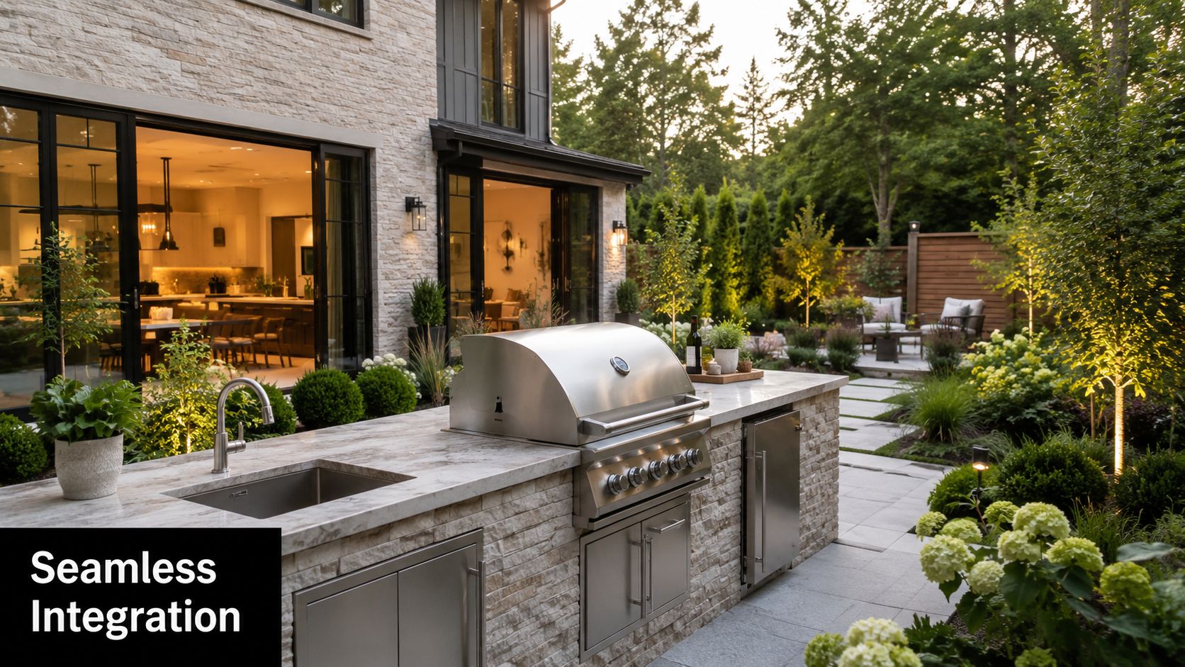 A luxurious outdoor kitchen with a stainless steel grill, marble countertop, and sink, overlooking a beautifully landscaped backyard.