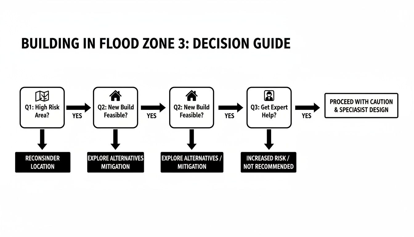 A flowchart decision guide for building in flood zone 3, outlining steps for risk assessment and expert consultation.