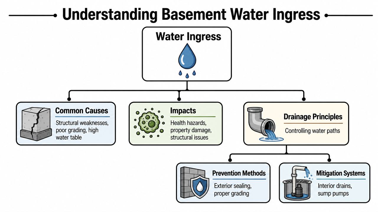 A diagram illustrating the causes, impacts, and management principles of water entering a residential basement structure.