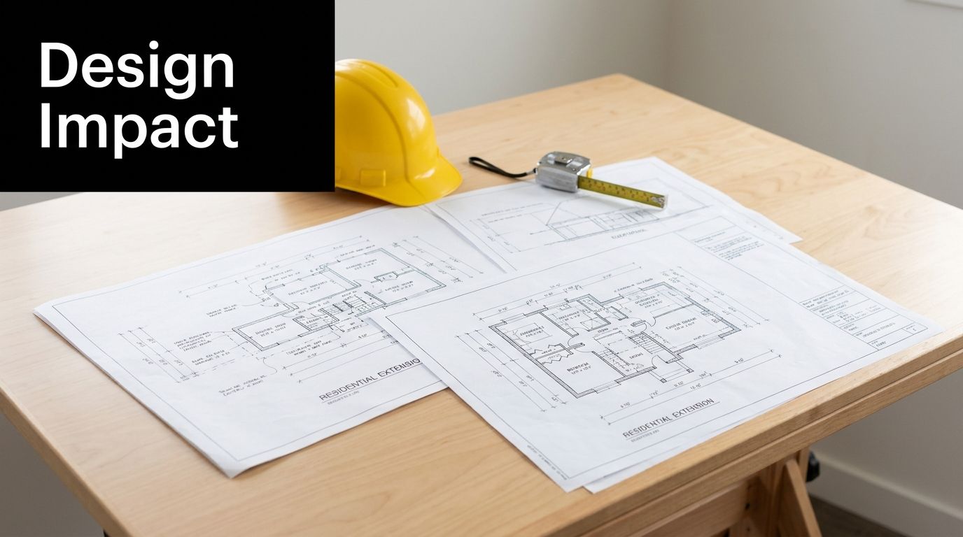 A yellow hard hat and a measuring tape placed on architectural blueprints for a residential extension project.