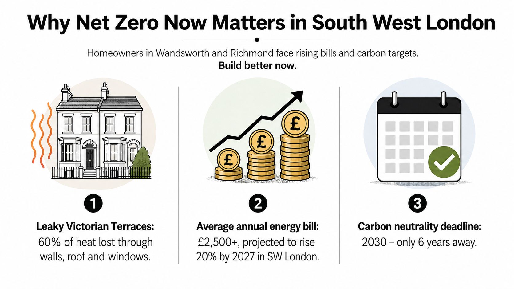 An infographic showing reasons to improve home energy efficiency in South West London before 2030.