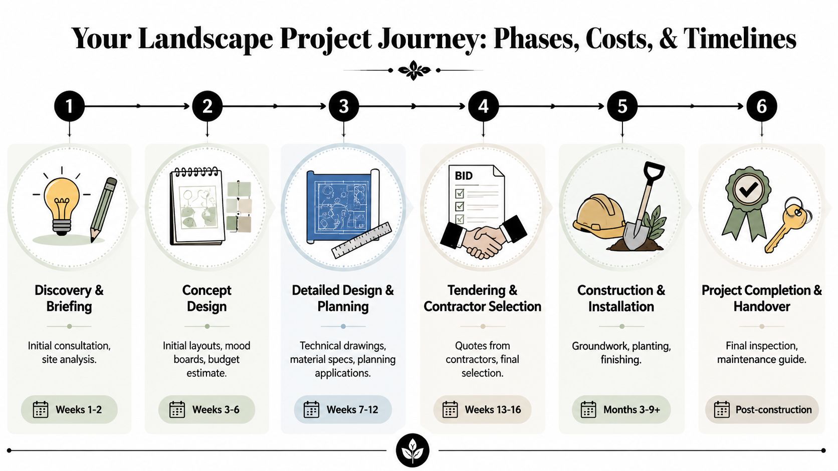 An infographic showing the six sequential phases of a professional landscape architecture and installation project journey.