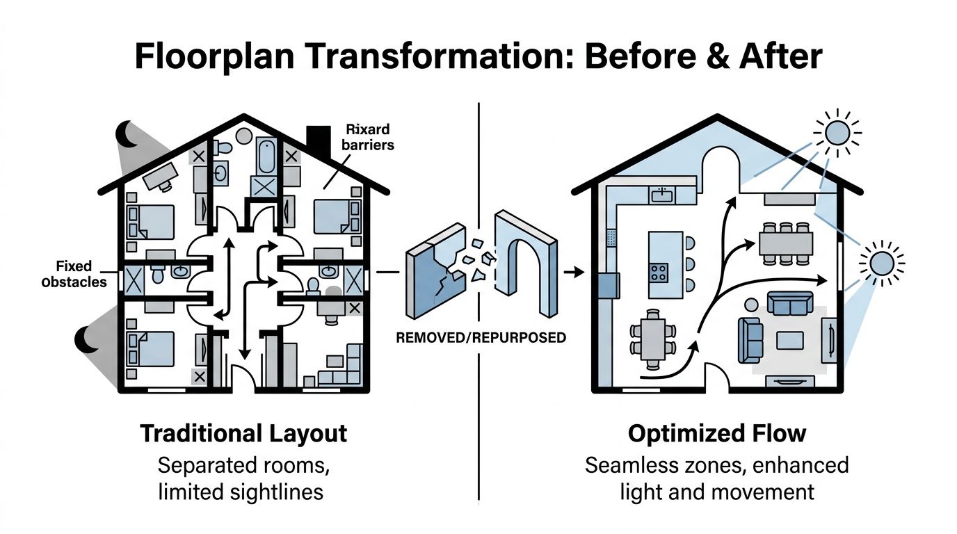 A diagram comparing a traditional compartmentalized home floor plan with an open-concept optimized layout for better flow.