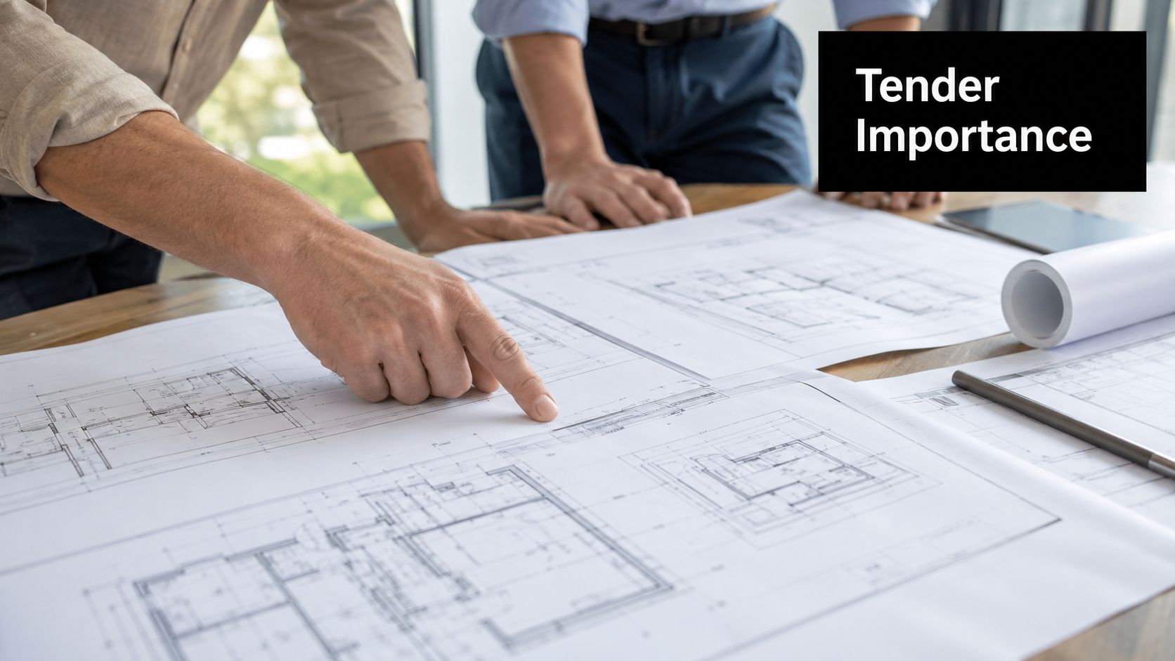 Two professional architects reviewing building blueprints and tender documents on a wooden office table.