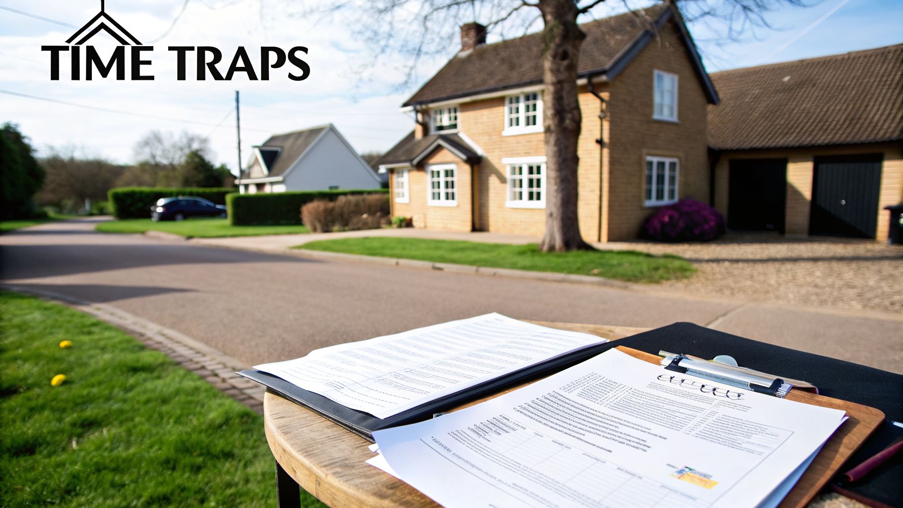 A residential street scene with houses, green grass, a car, and documents on a clipboard and table.