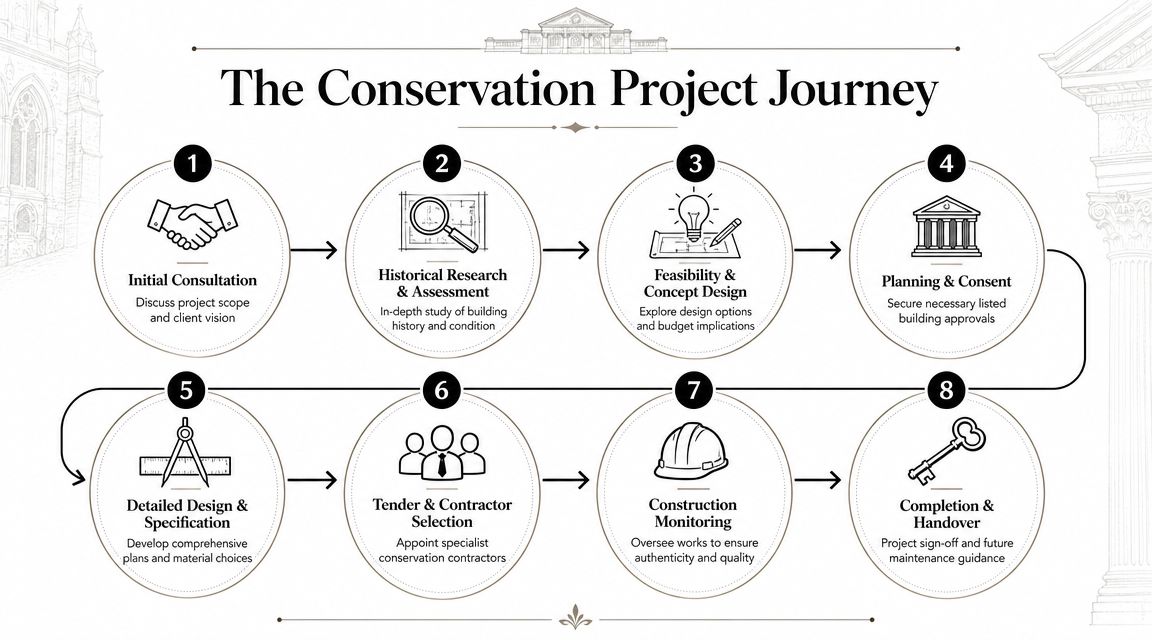 An infographic titled The Conservation Project Journey showing eight numbered steps for architectural conservation projects.