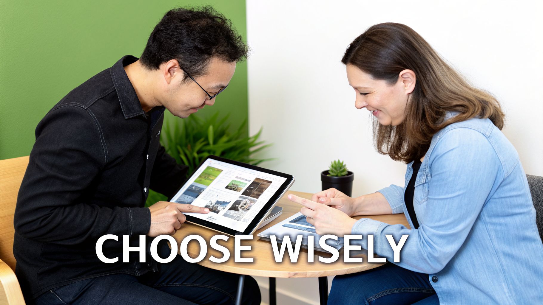 Two individuals are engaged in a discussion, looking at content on a tablet and making a choice.