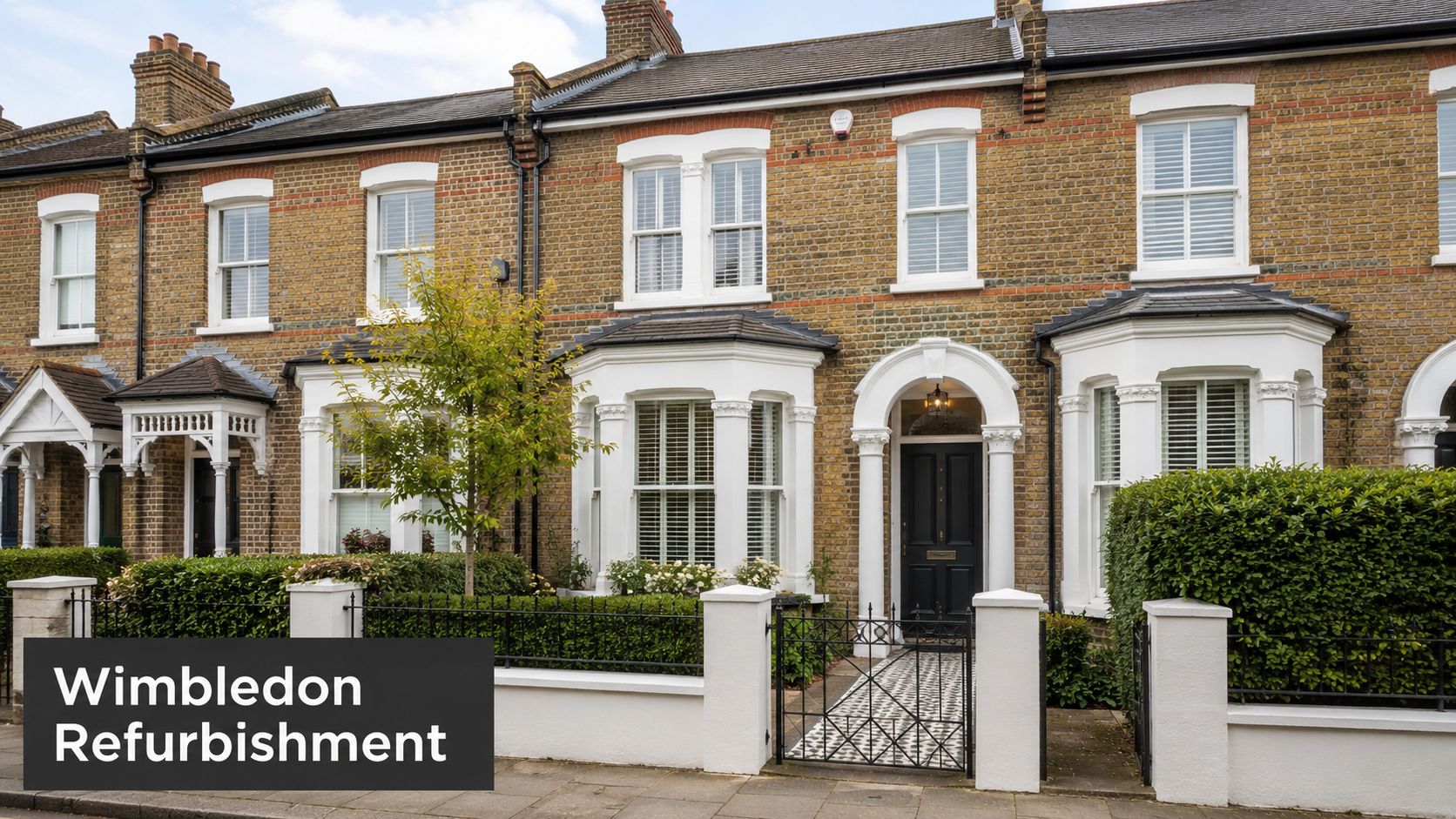 A classic London Victorian terraced house featuring yellow brickwork, white window frames, and an ornate front door entrance.