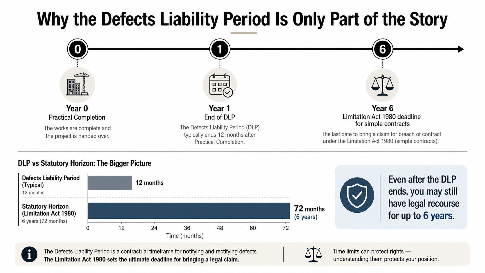 A timeline infographic illustrating the difference between the 12-month Defects Liability Period and the 6-year Limitation Act.