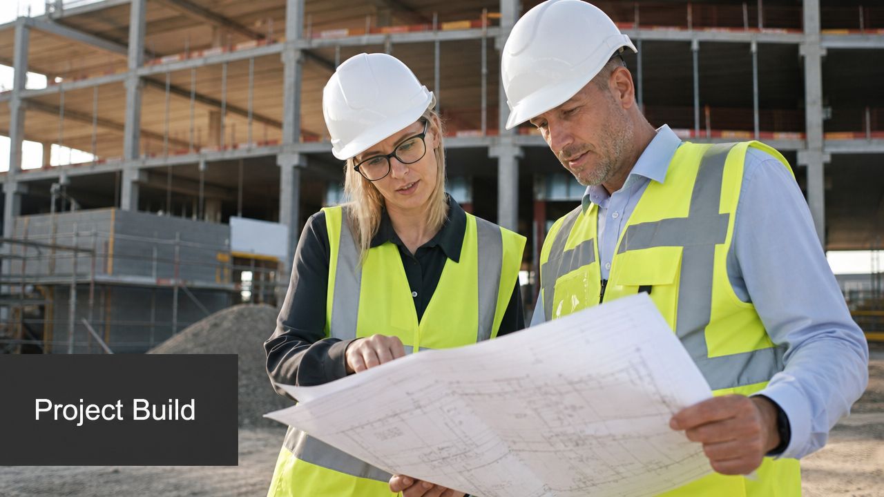 A female architect and a male construction manager reviewing building blueprints on a construction site.