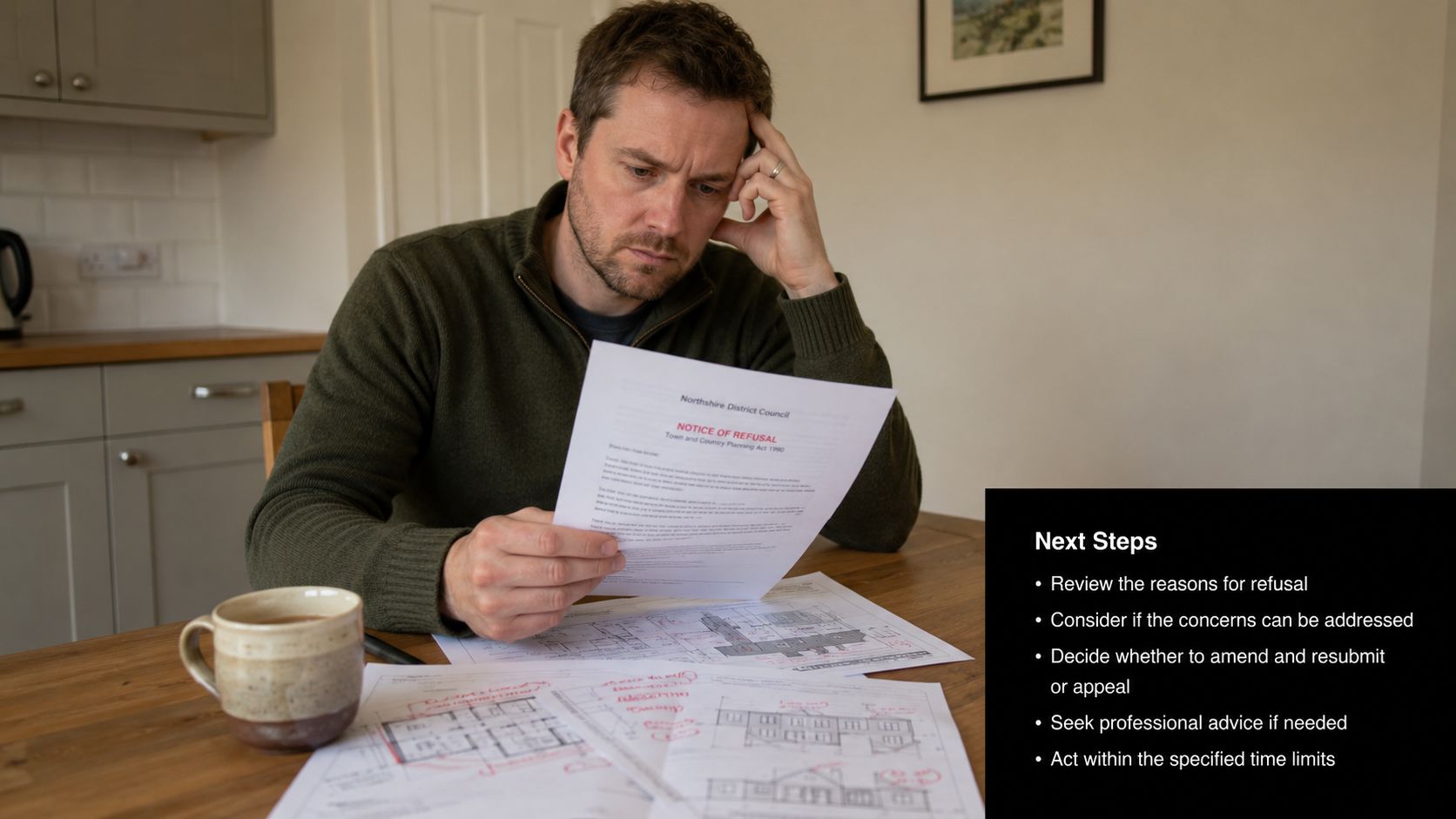 A concerned man sitting at a table looking at a planning permission refusal notice and architectural drawings.