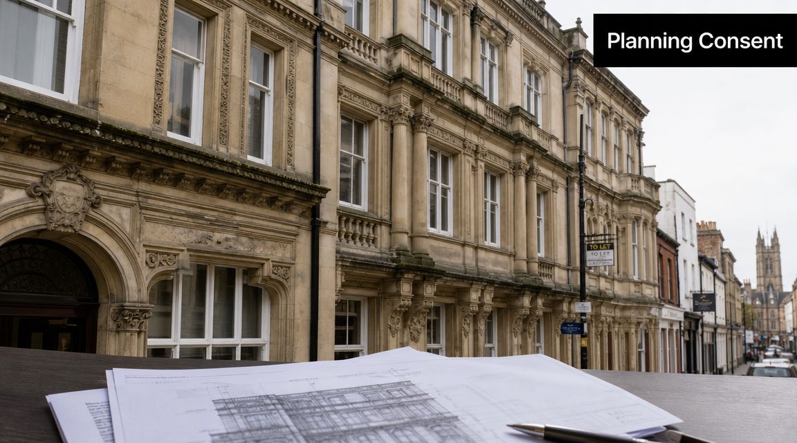 Architectural blueprints for a building project overlaid against a historic stone building in the UK.