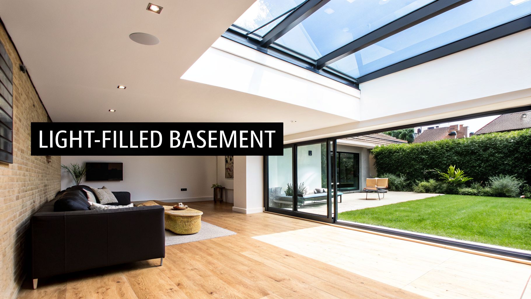 Spacious modern basement living area featuring a large skylight and bi-fold doors to a green garden.