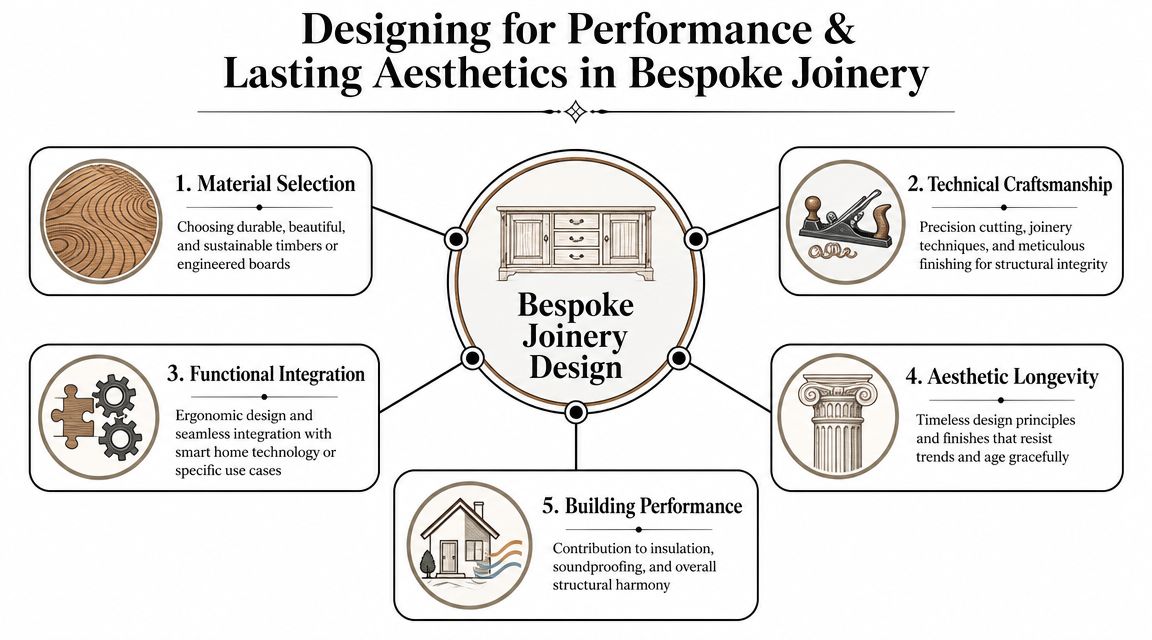 An infographic detailing five key principles for achieving high performance and lasting aesthetics in bespoke joinery design.