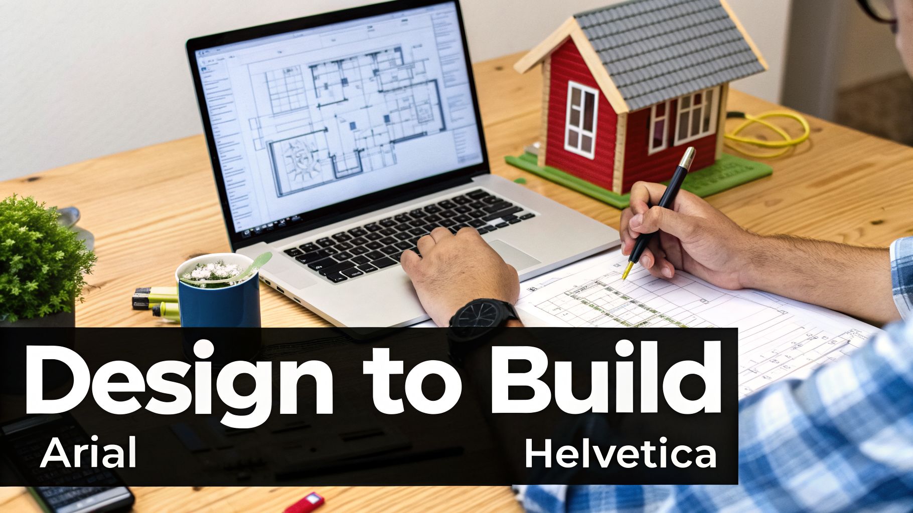 A person designing house plans on a laptop and paper, with a model house nearby.