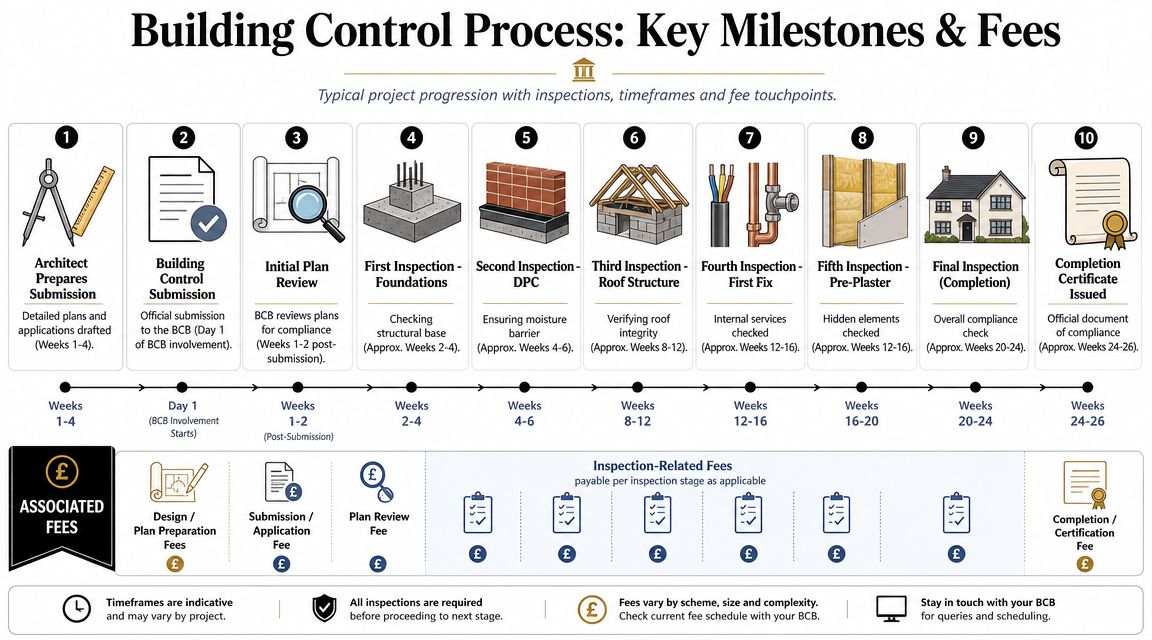 A detailed infographic showing the ten stages of the building control process and associated fee milestones.