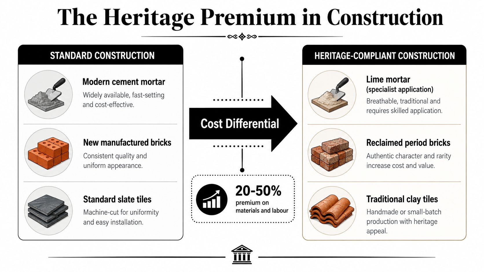 A comparison chart showing the cost premium of using traditional materials versus standard modern building materials.