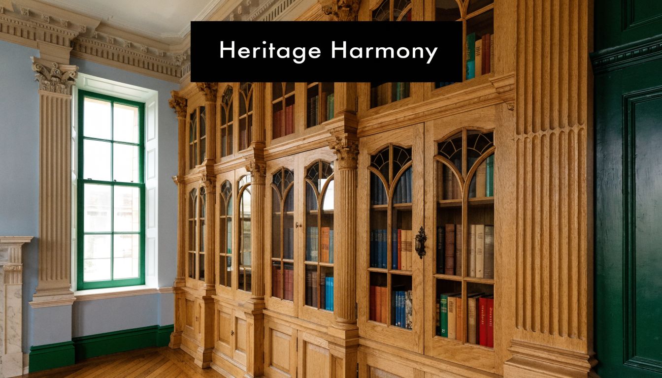 A grand, bespoke oak library bookcase with glass-paned doors built into a room with pale blue walls.