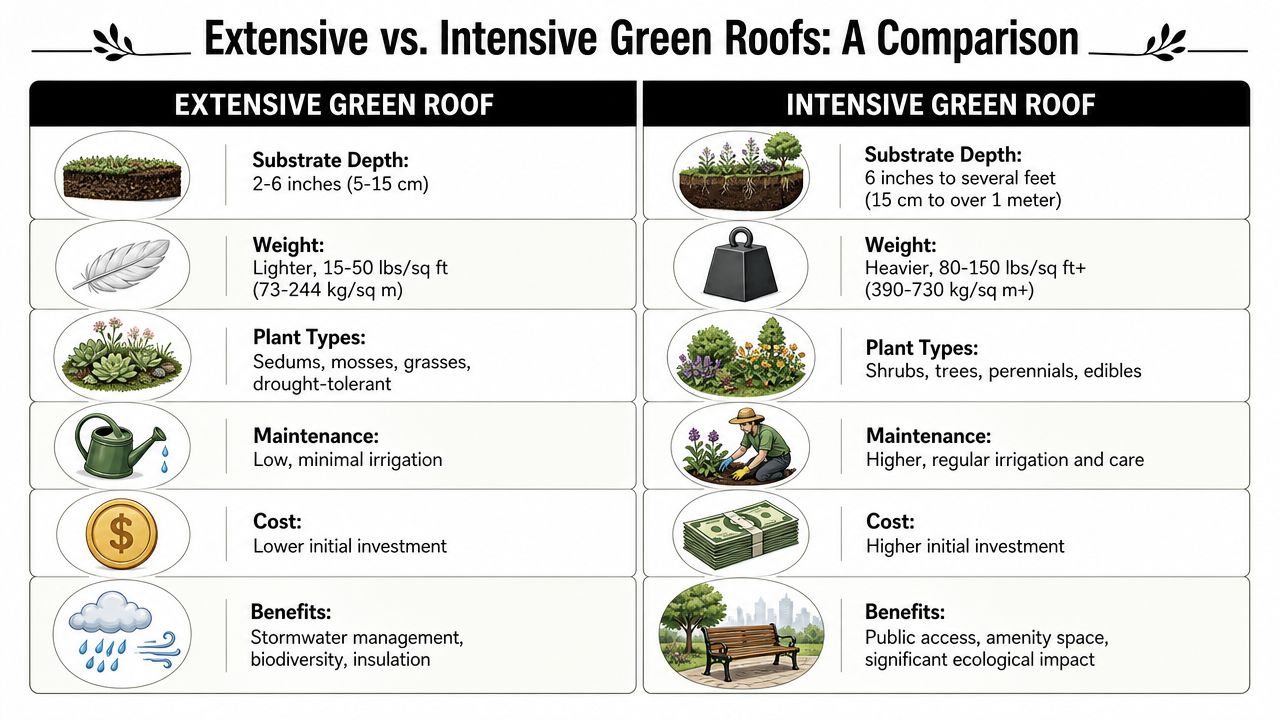 A comparison chart outlining key differences between extensive and intensive green roof installations for building projects.