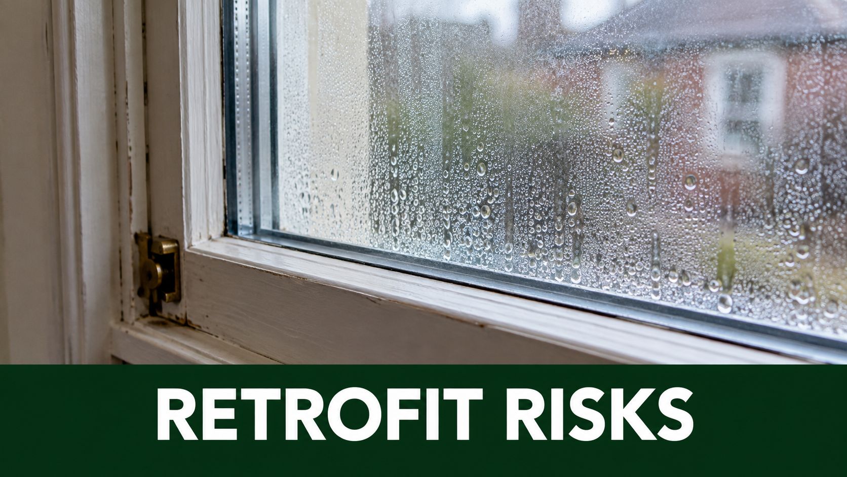 Condensation on the inside of a window pane in an old house showing moisture issues.
