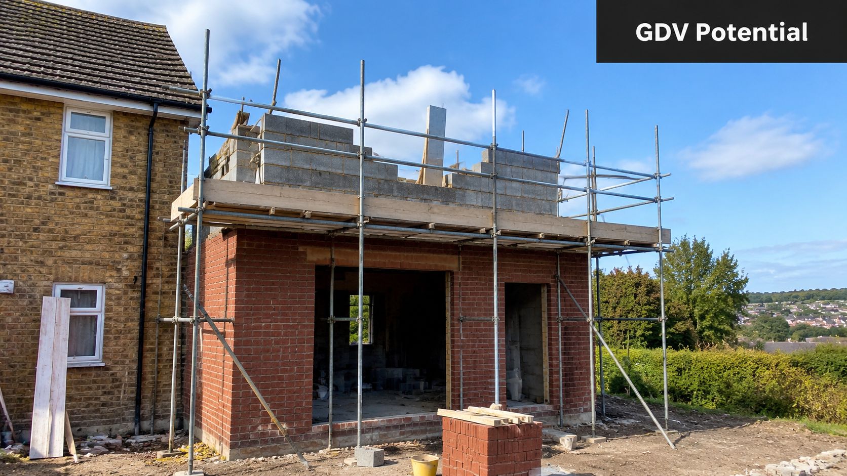A construction site featuring a red brick ground floor extension with scaffolding around the upper level.